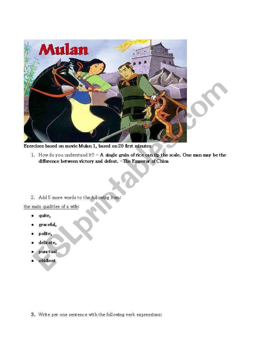 Mulan movie based exercise worksheet