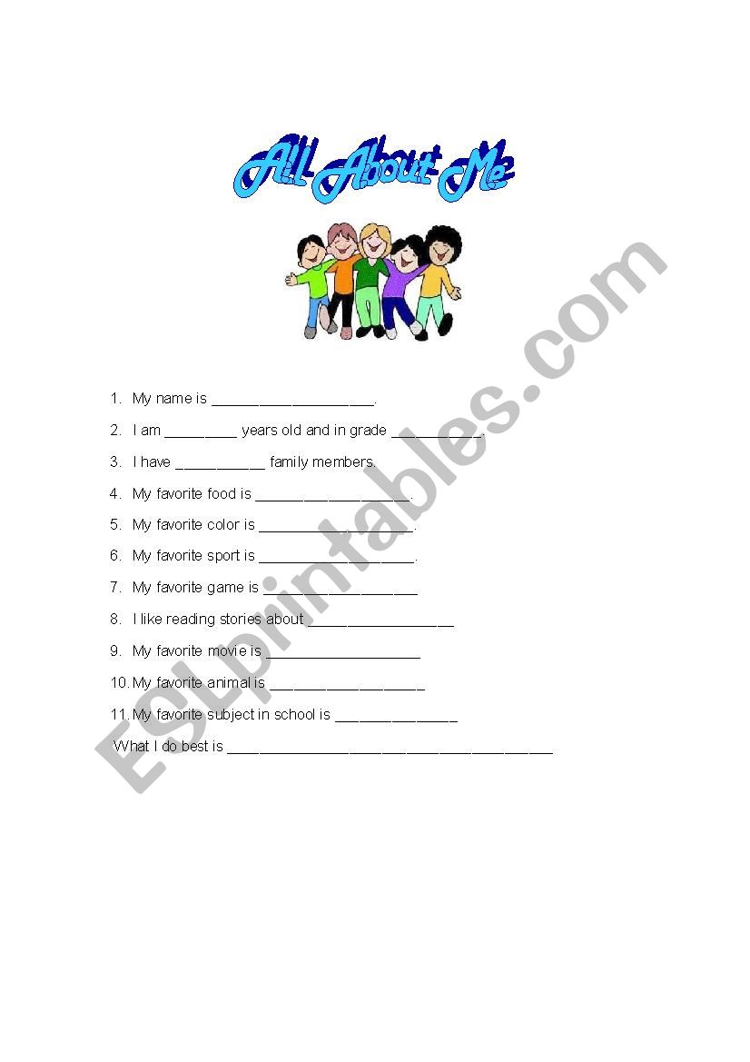 All About Me worksheet