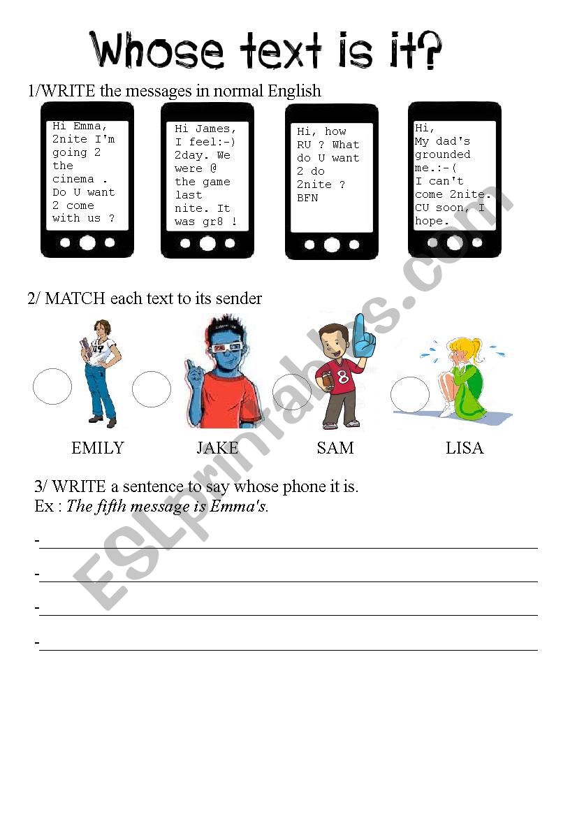 Whose text is it? - ESL worksheet by AudreyI With Regard To Whose Phone Is This Worksheet