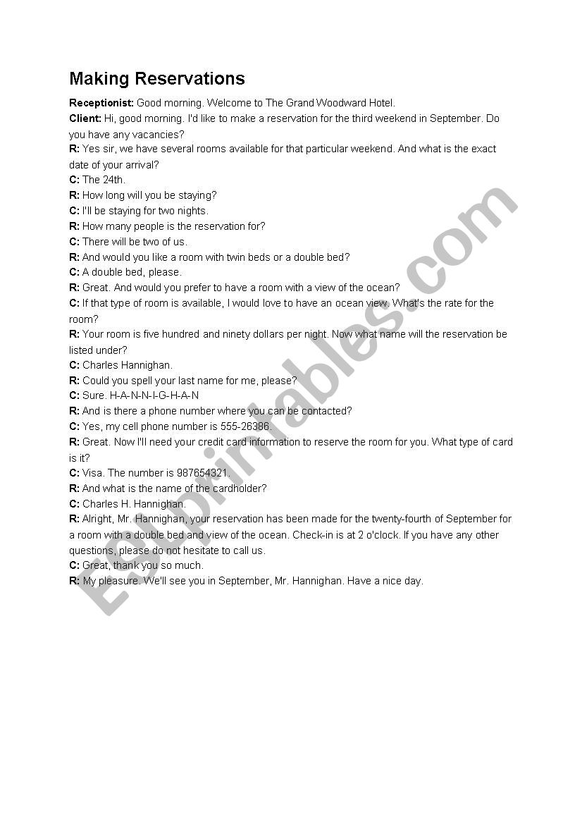 Hotel dialogues worksheet