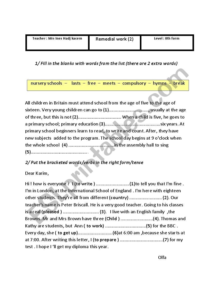 remedial work worksheet