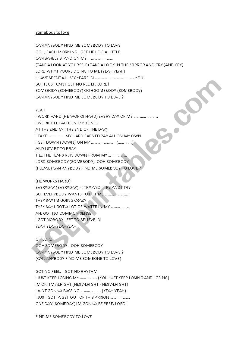 somebody to love worksheet