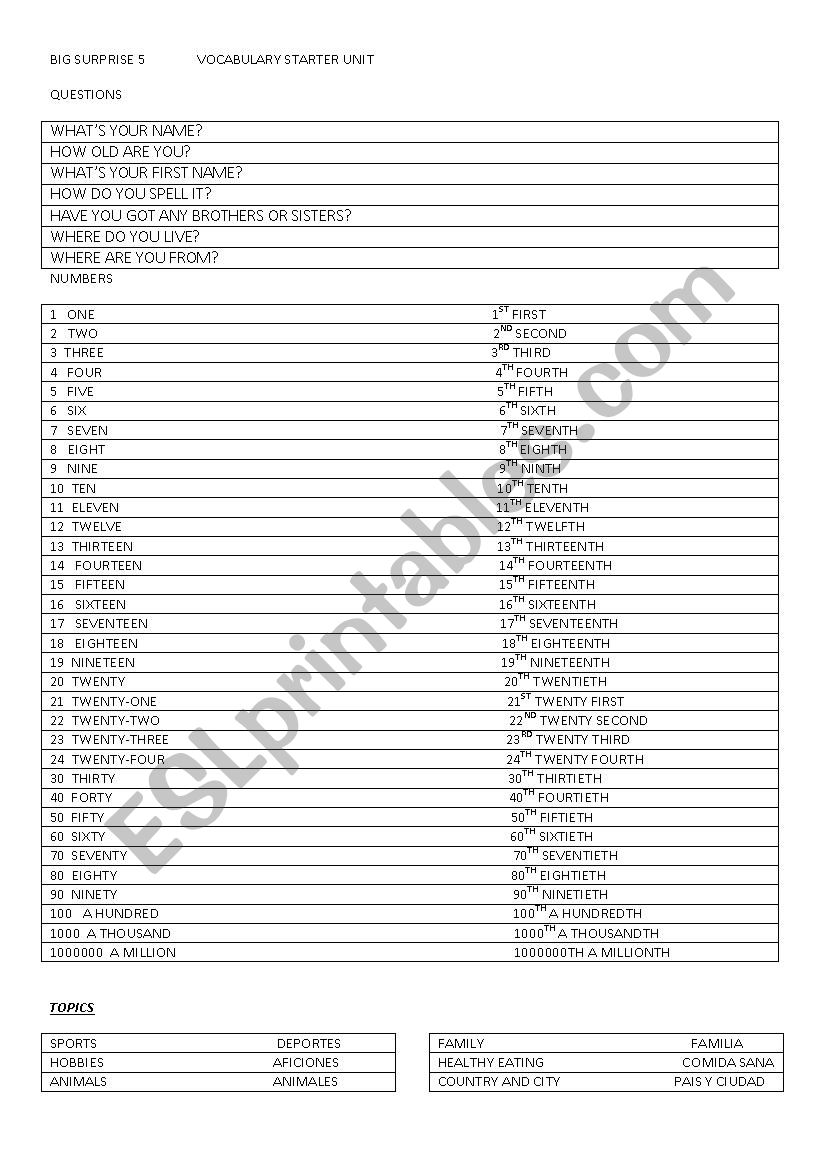 vocabulary big surprise worksheet