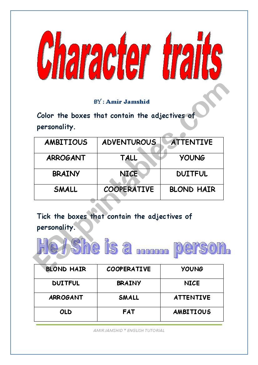 character traits worksheet