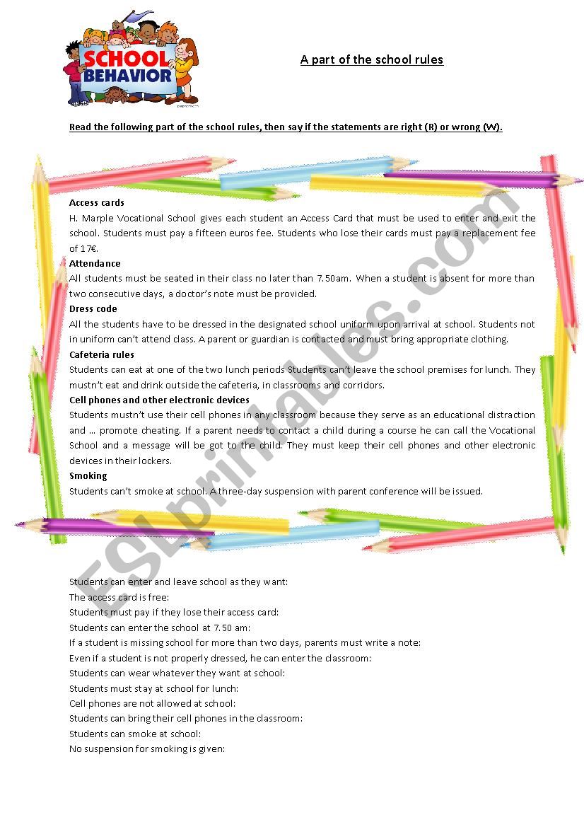 The school rules worksheet