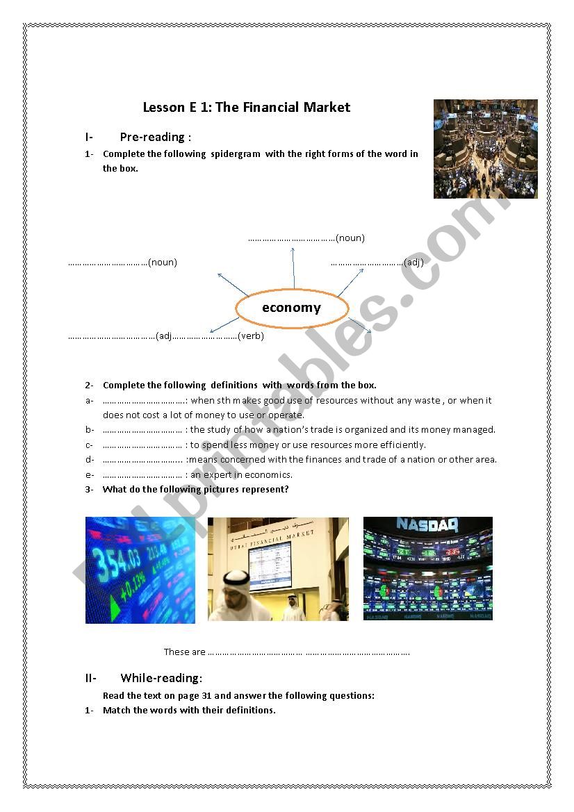 the financial market worksheet