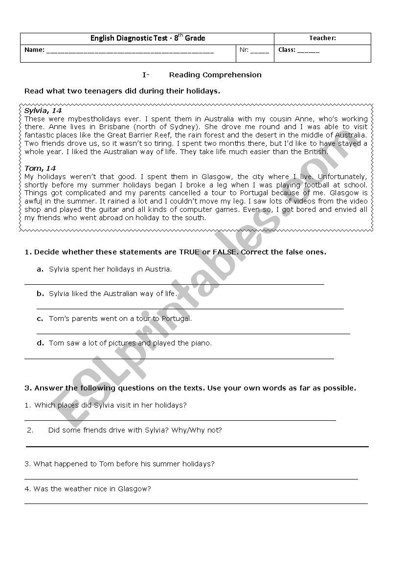 diagnostic tests - level 4 worksheet