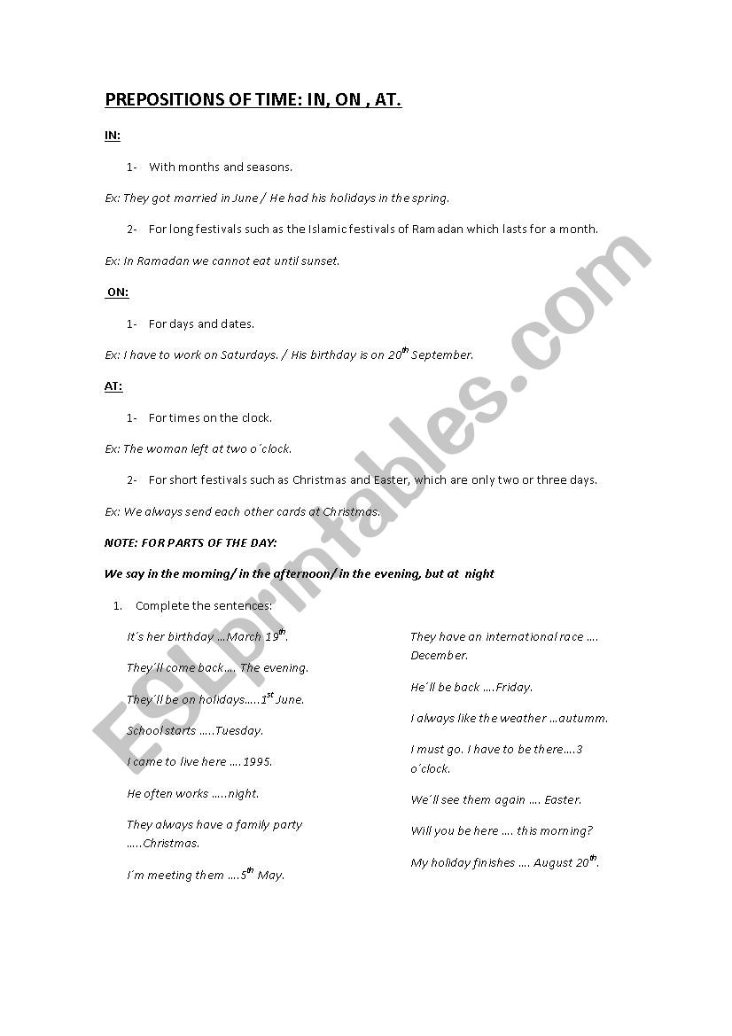 prepositions of time worksheet