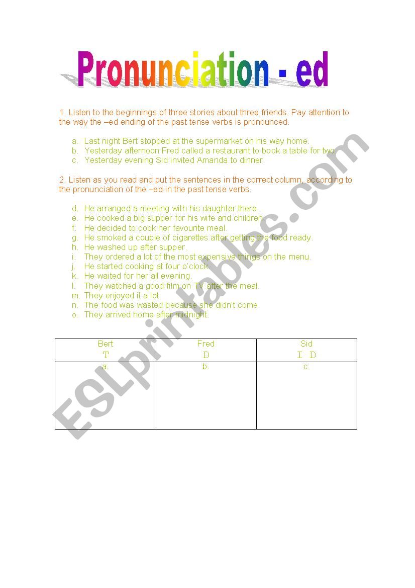bert, sid and fred worksheet