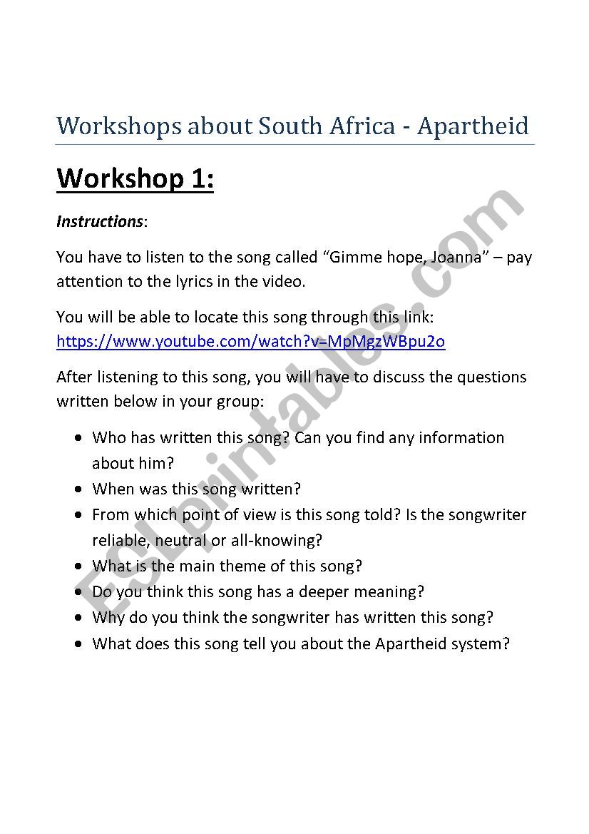 South Africa/Apartheid - workshops