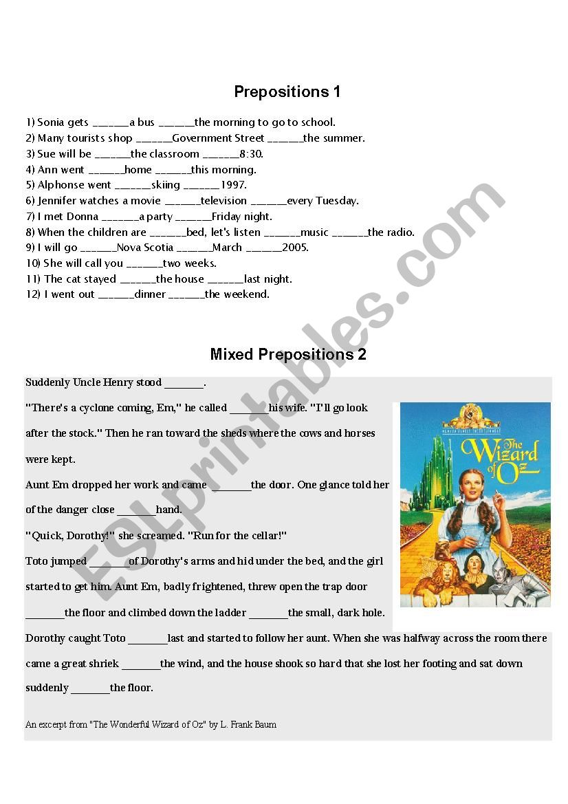 Prepositions advanced levels worksheet