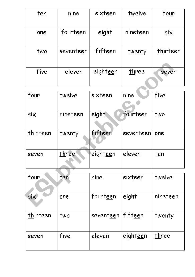 numbers 1-20 bingo read worksheet