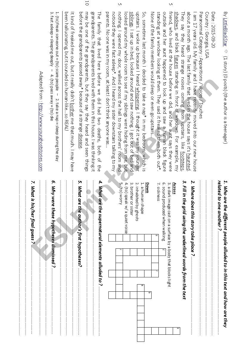 Ghost stories worksheet