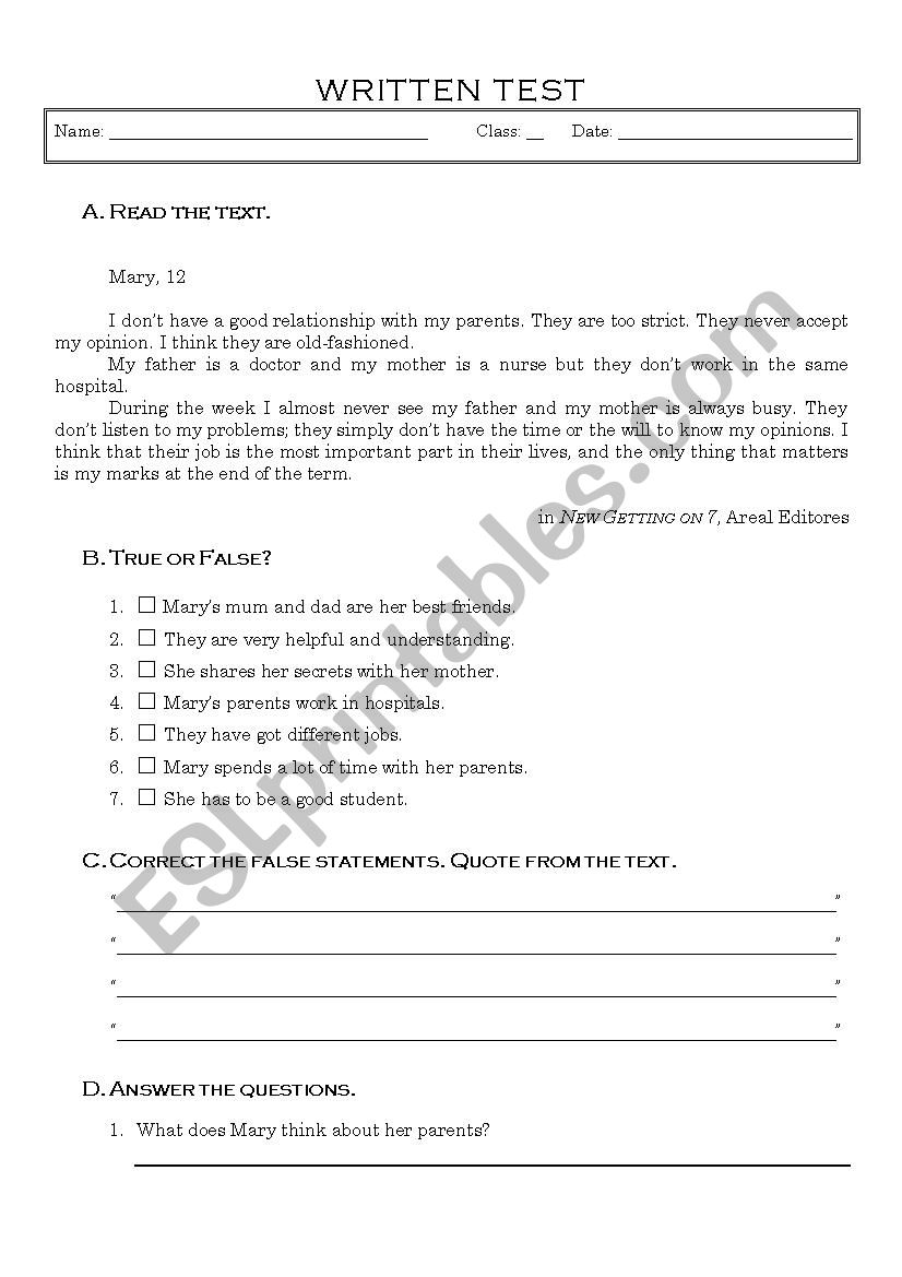 family relationships worksheet