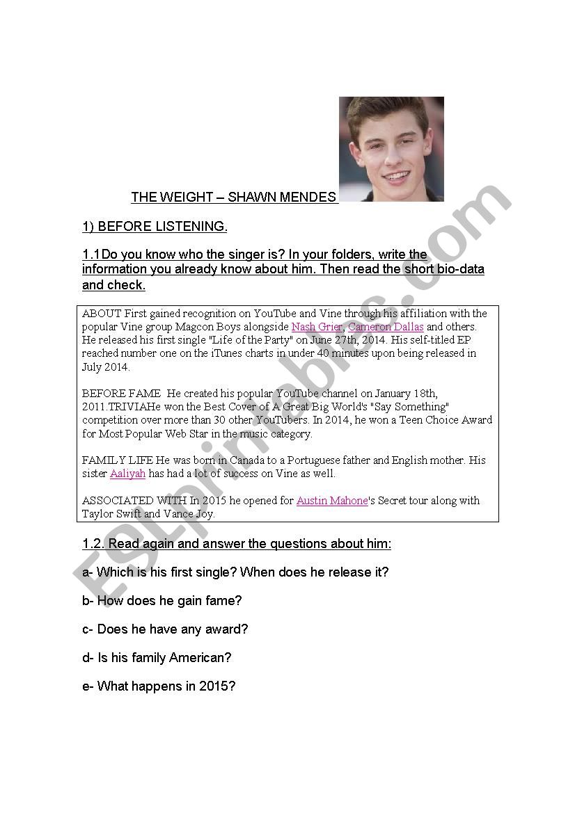 THE WEIGHT BY SHAWN MENDES worksheet