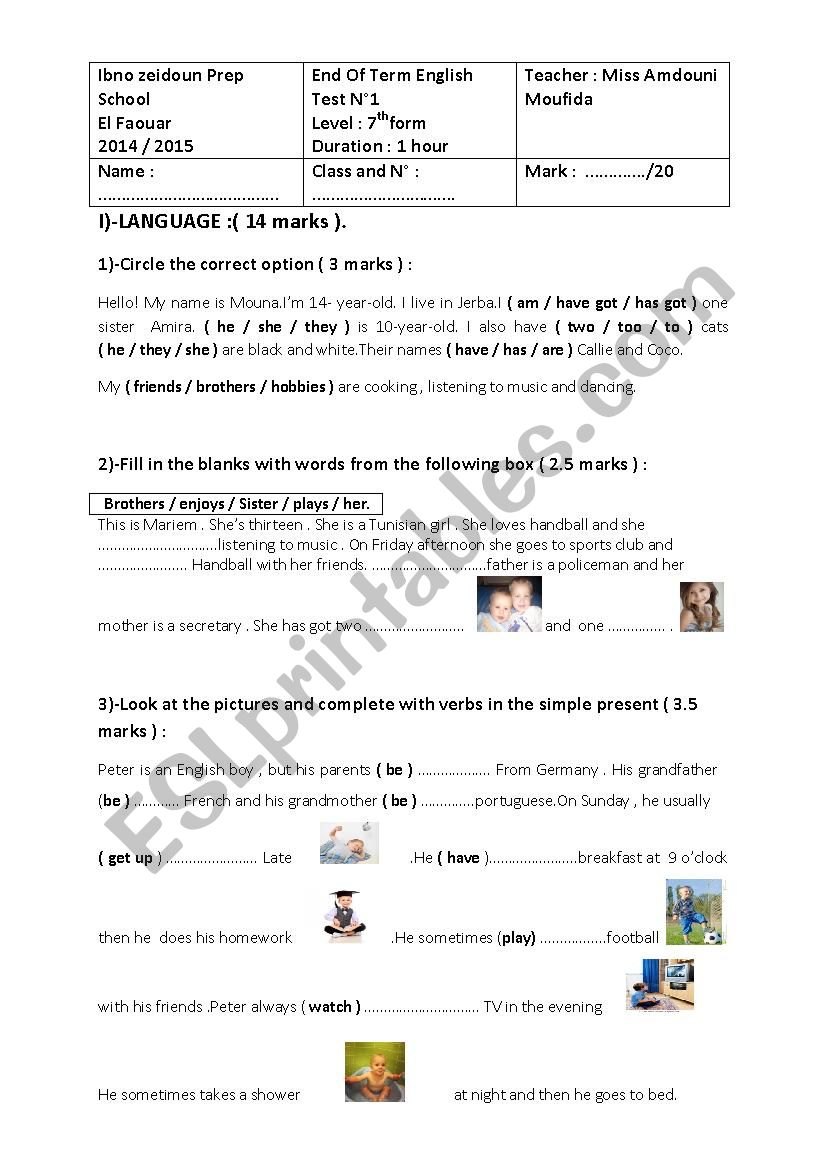 mid term test n 1 7th form worksheet