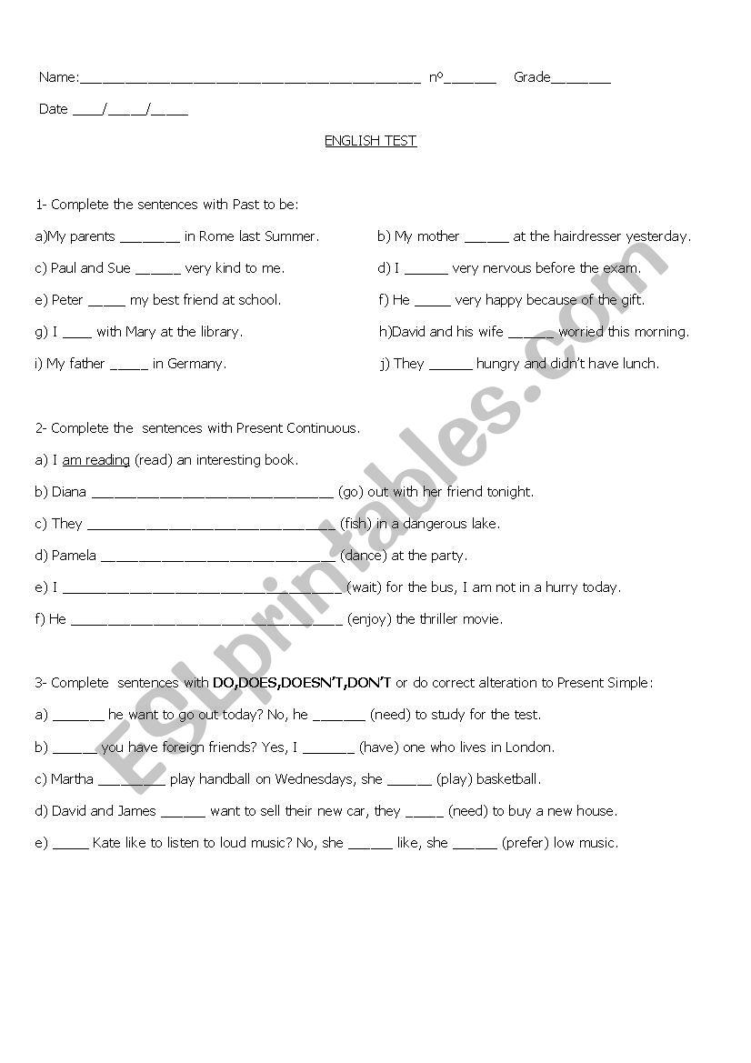 English test worksheet