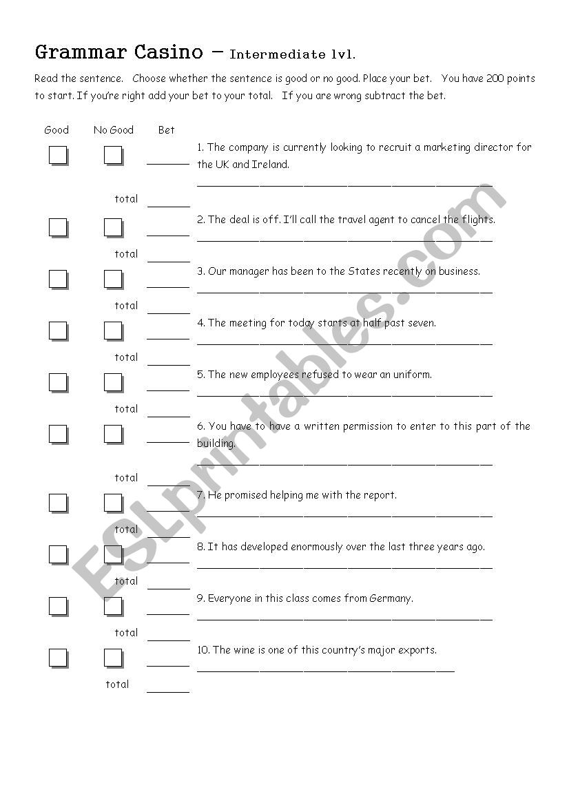 Grammar Casino Intermediate worksheet