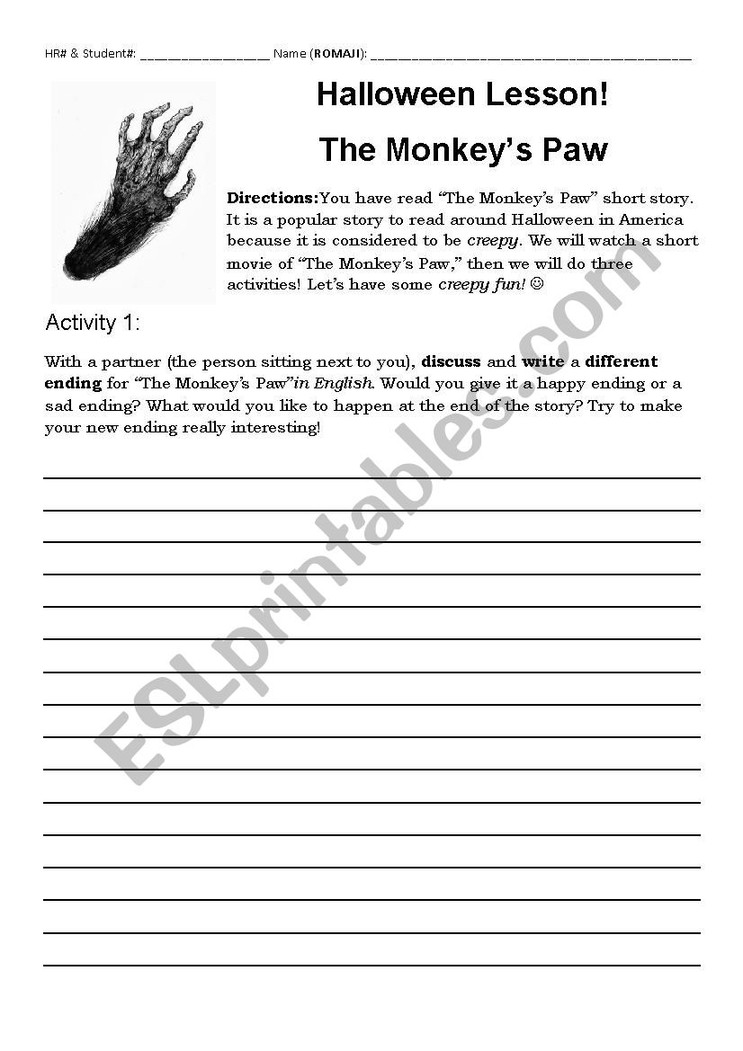 The Monkey´s Paw Activity Worksheet ESL by