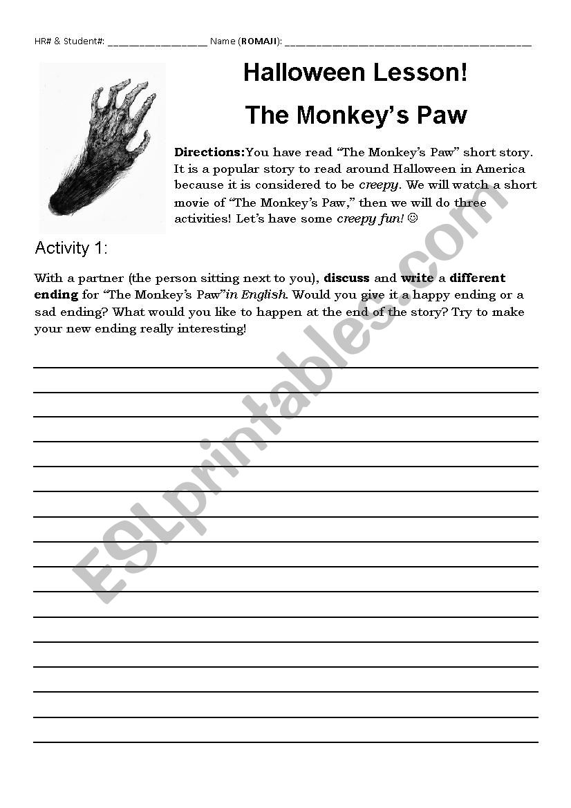 The Monkeys Paw Activity Worksheet