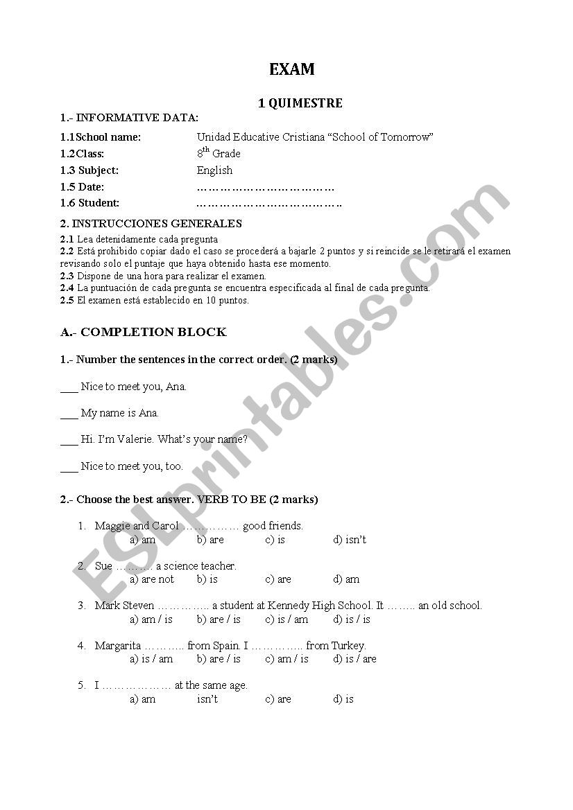 QUIZ VERB TO BE worksheet