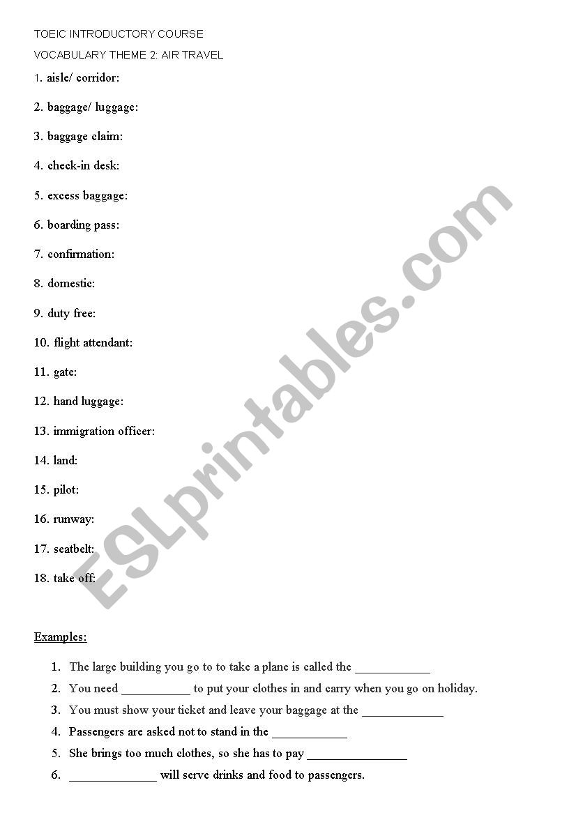 air travel vocabulary worksheet