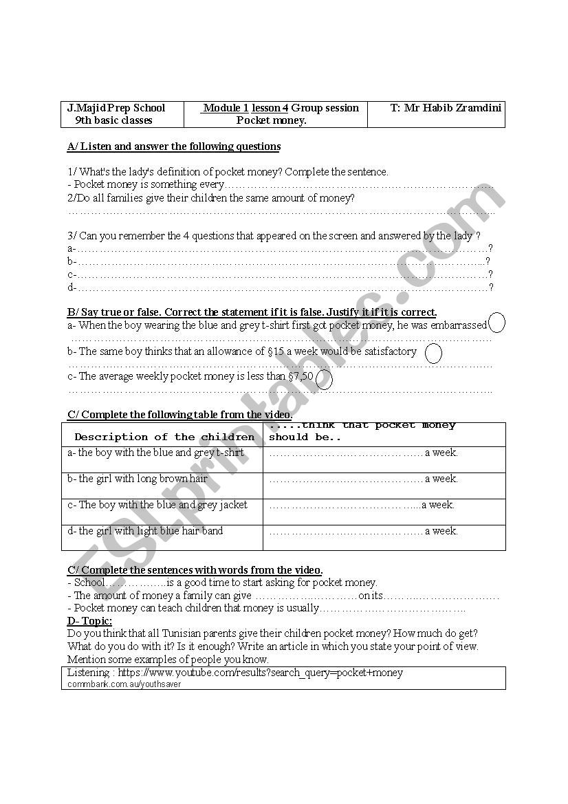 Pocket money worksheet