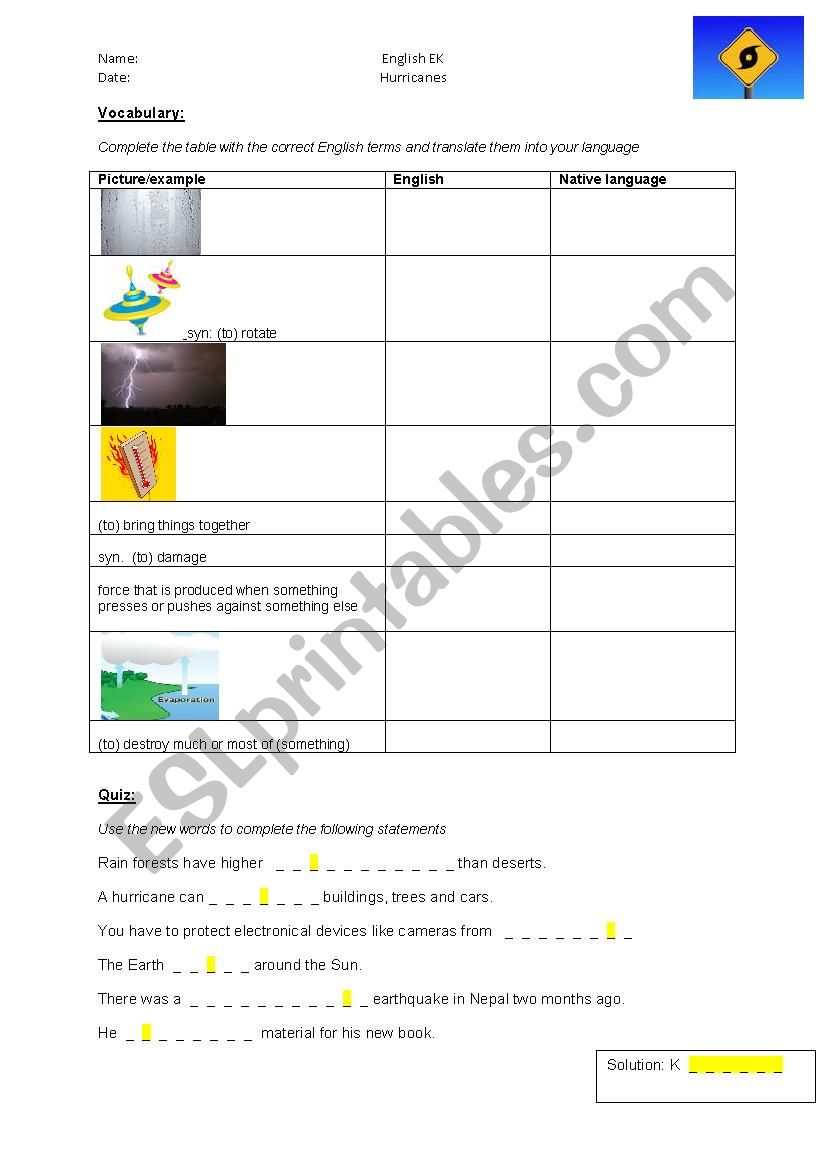 Hurricanes worksheet