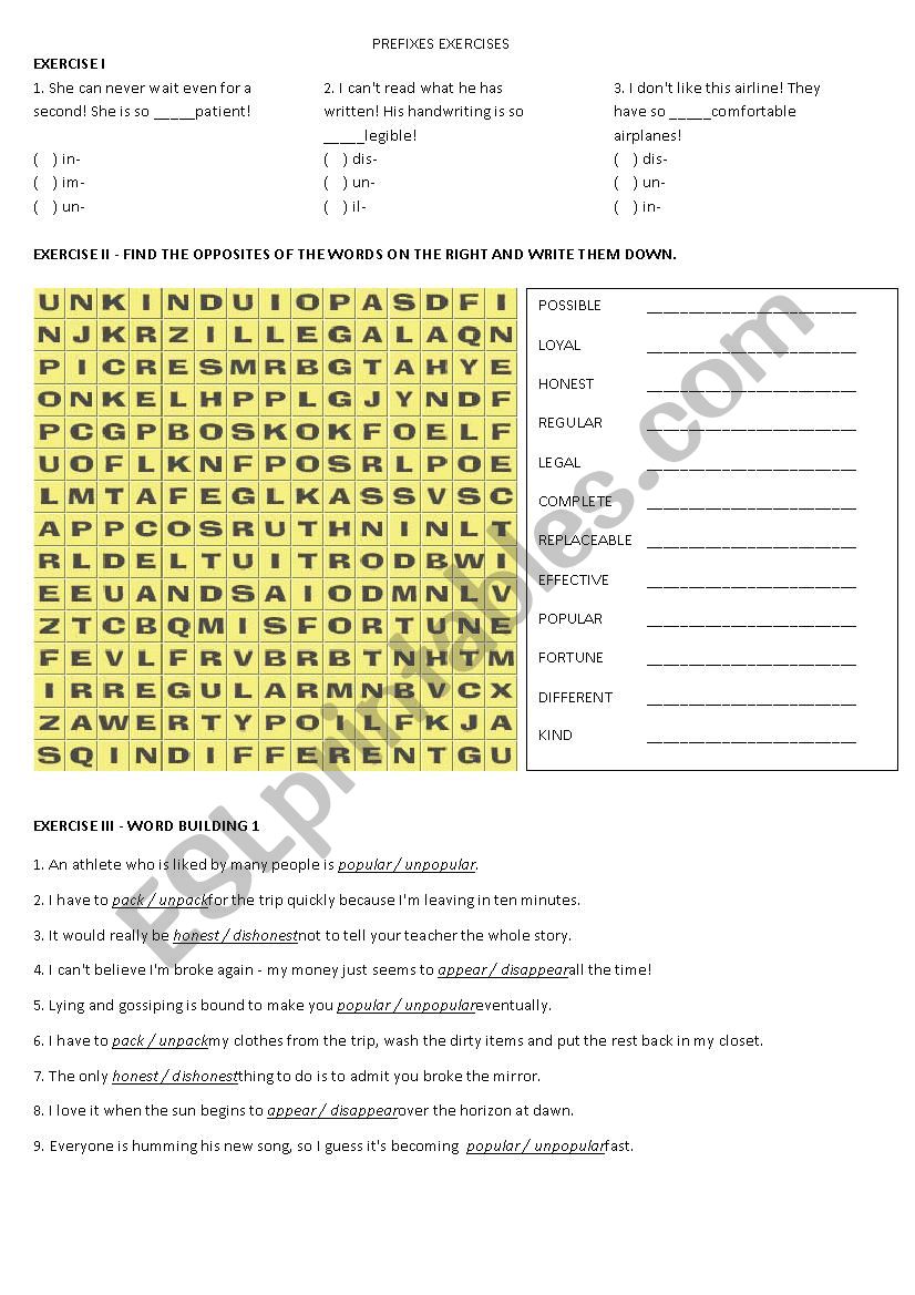 Prefixes Exercises worksheet