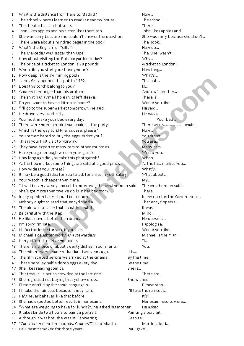 Rephraing exercises worksheet