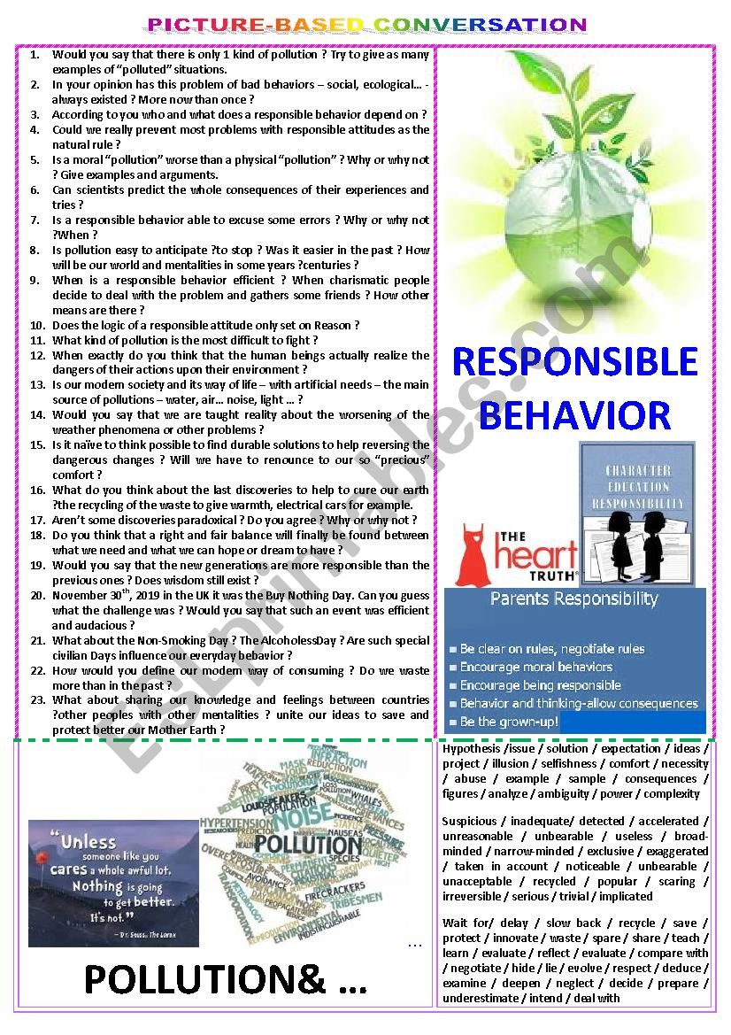 Picture-based conversation : topic 87 - responsible behavior vs pollution & other problems.