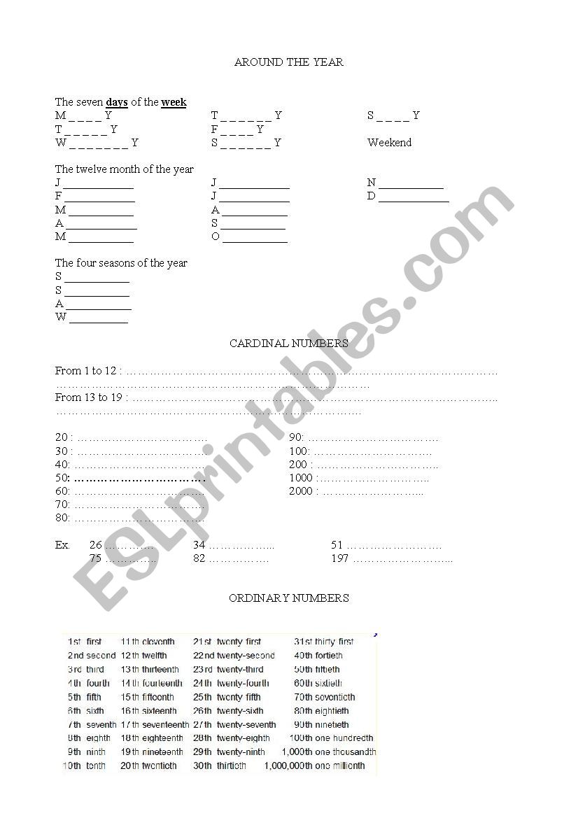 months, days, seasons worksheet