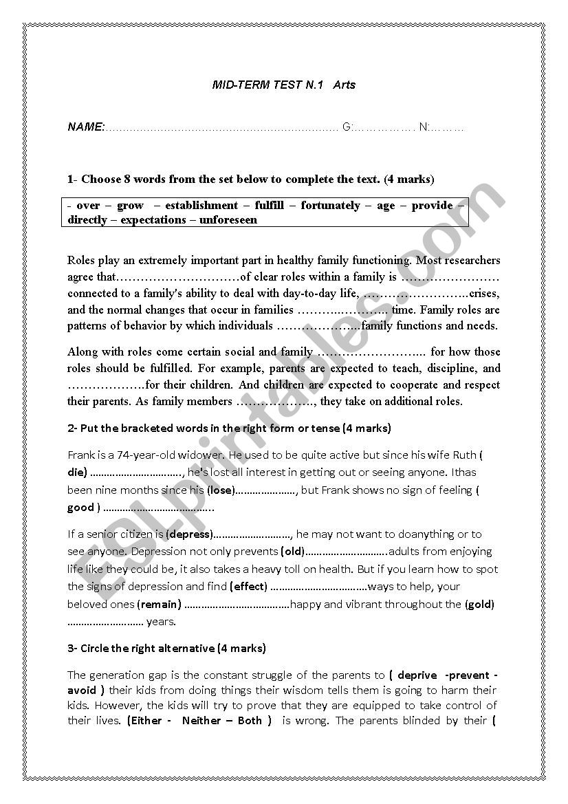 mid-term test 1 3rd formers  worksheet