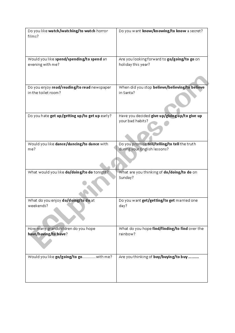 Verb patterns - gerunds and infinitives - an exercise and conversation practice