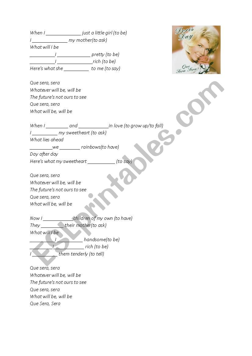 DORIS DAY Que Sera Sera - fill in the verbs in past simple and future with will