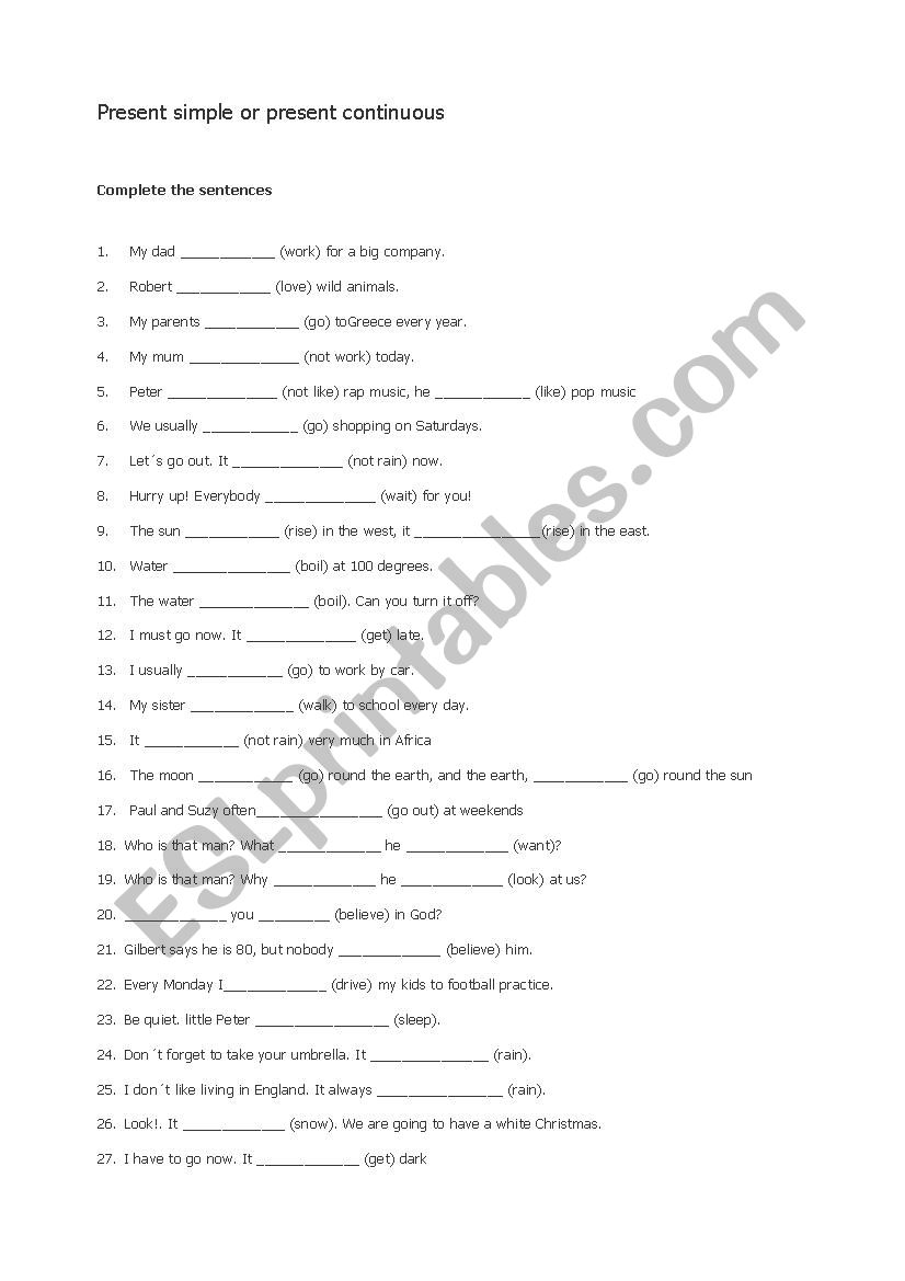 Present simple or present continuous - Sentence bank