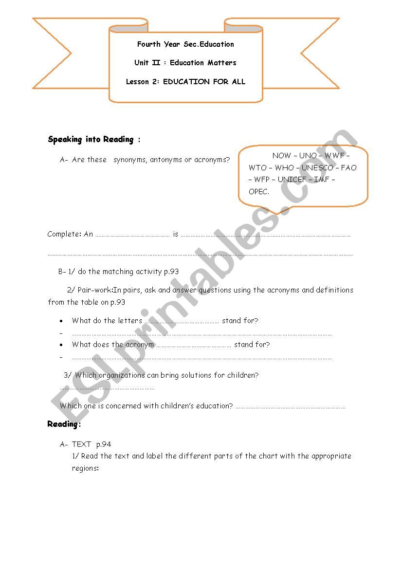 education for all worksheet