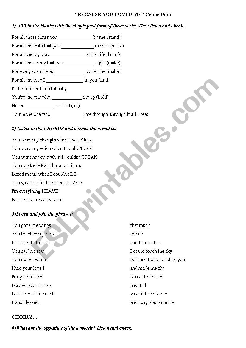 BECAUSE YOU LOVED ME worksheet