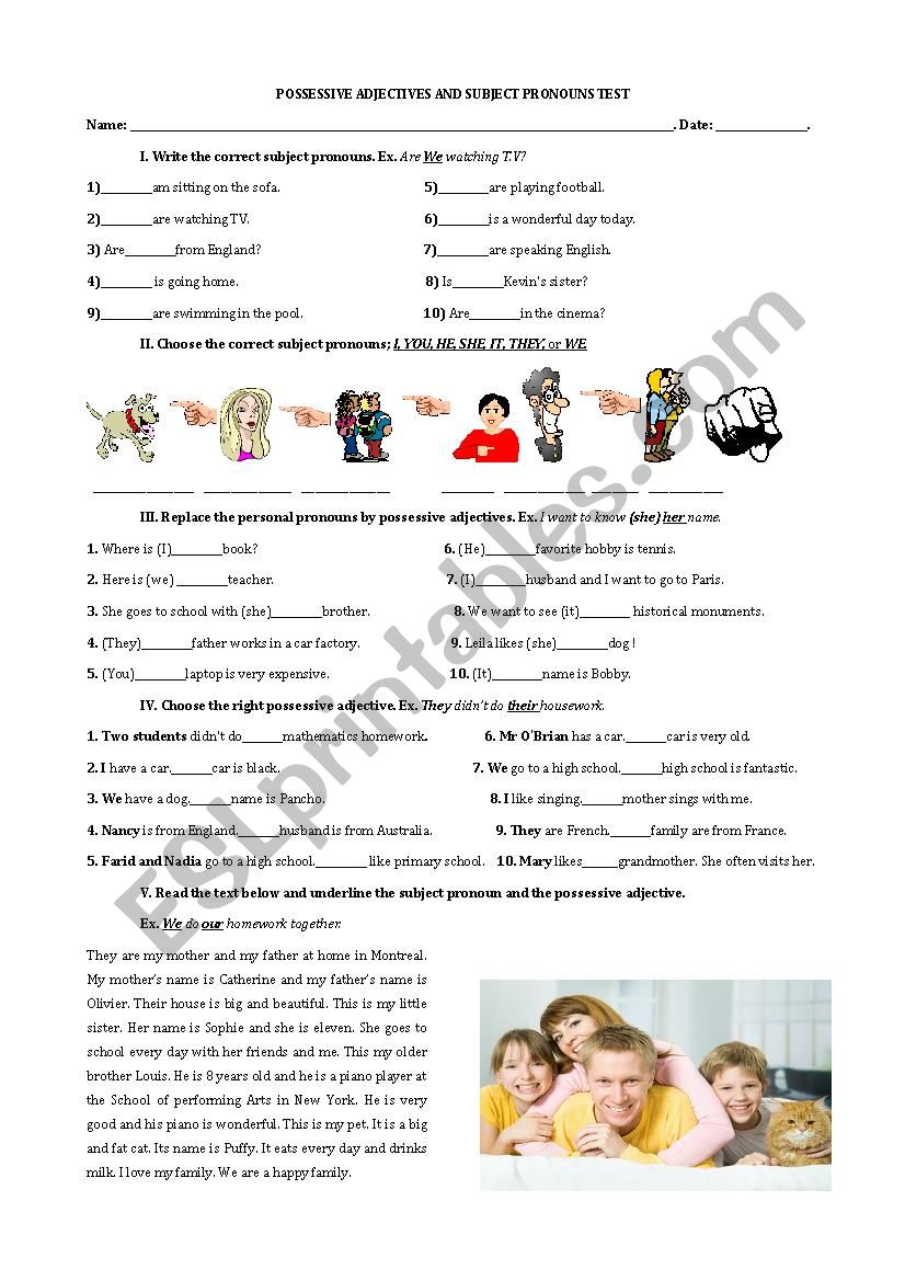 POSSESSIVE ADJECTIVES AND SUBJECT PRONOUNS TEST