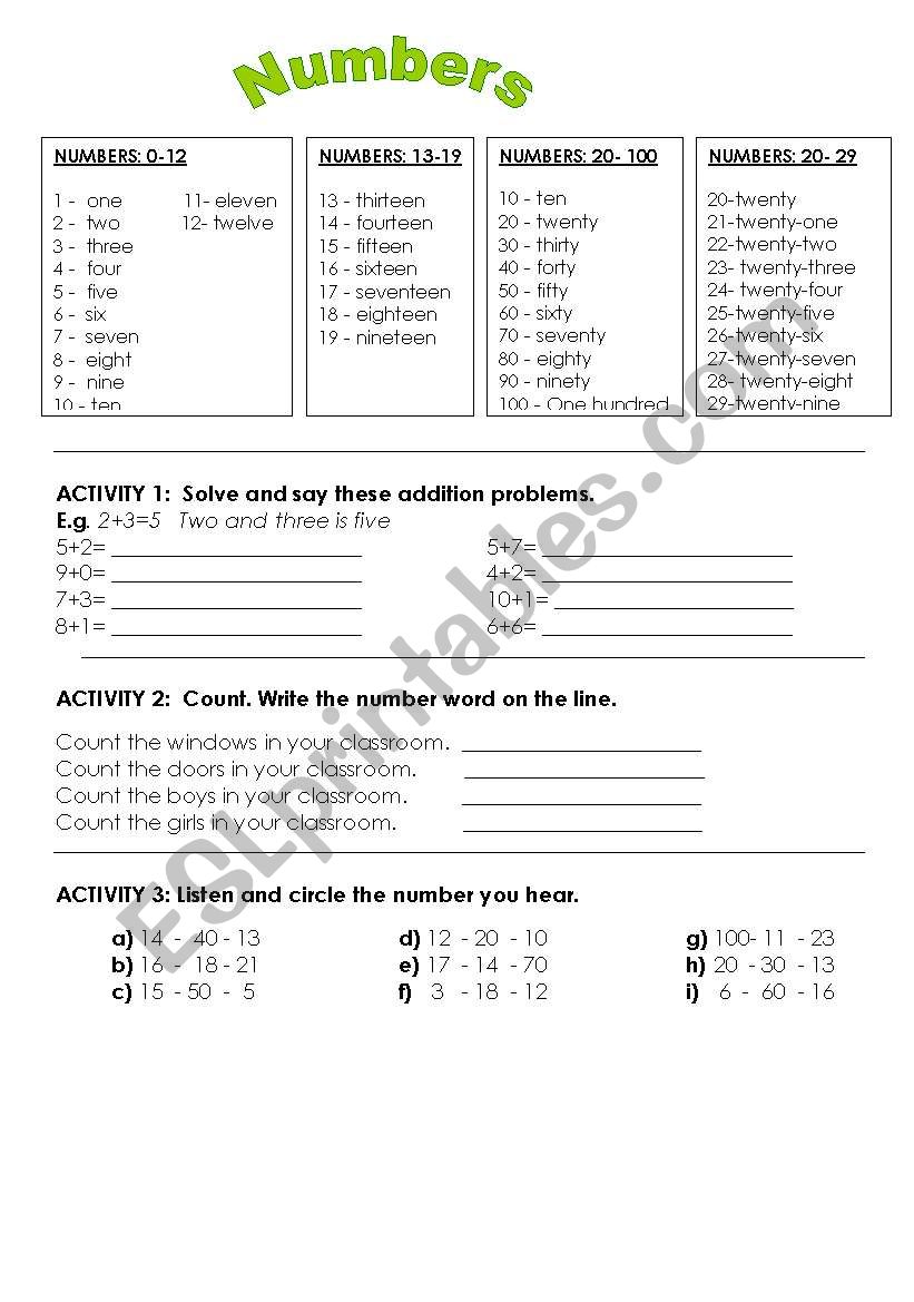 Numbers  worksheet