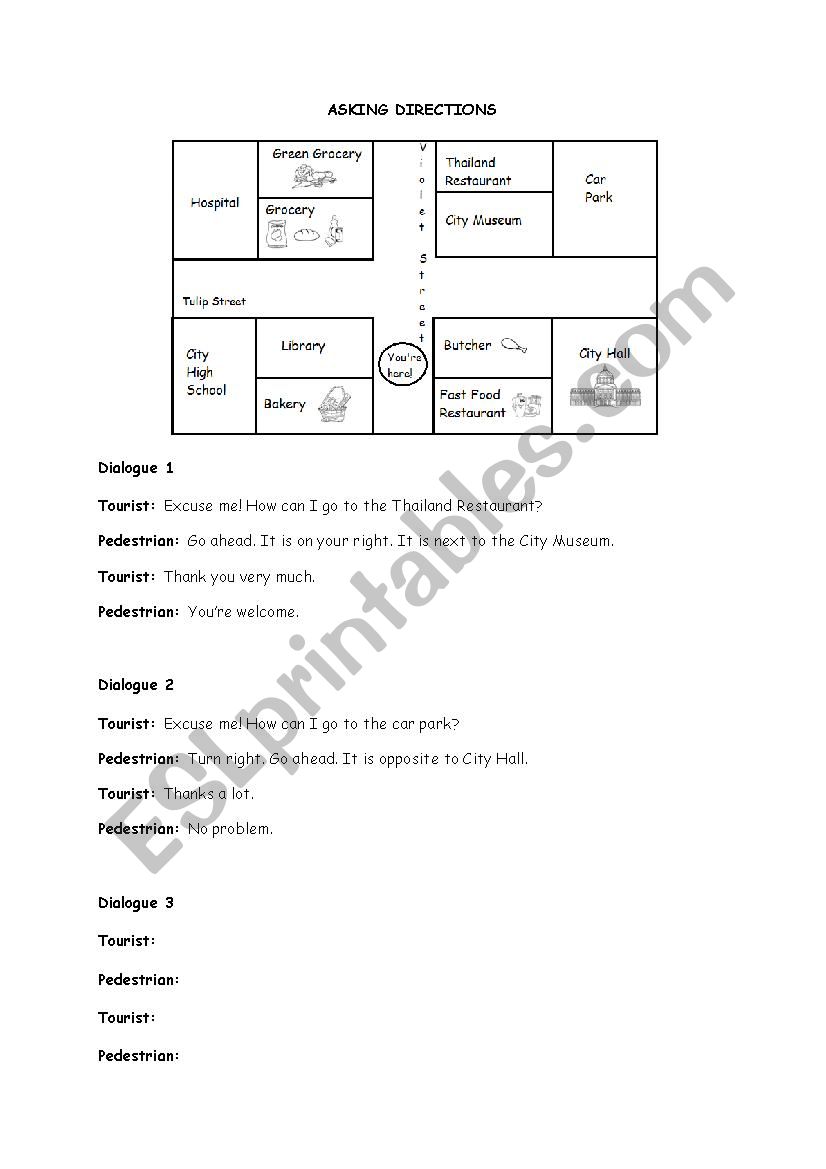 Asking direction dialogues worksheet