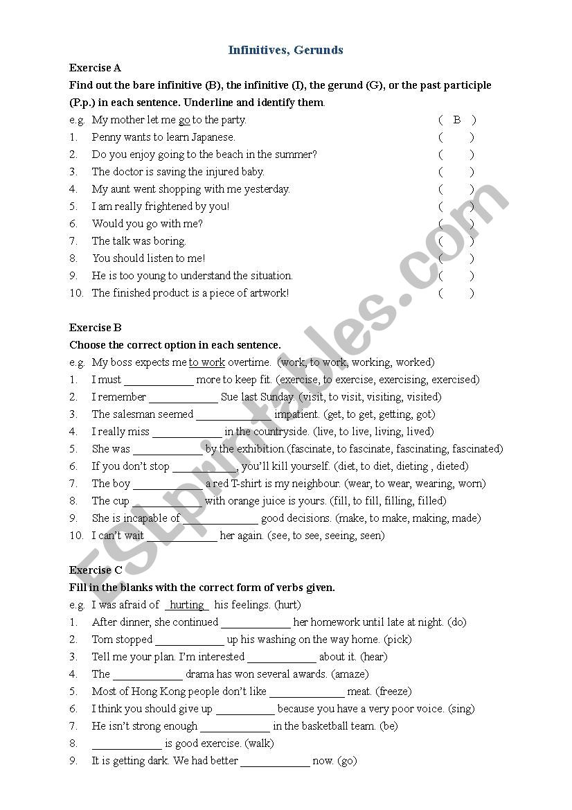 infinitive and gerund worksheet