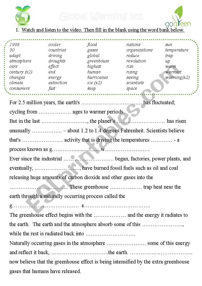 Global warming 101 worksheet