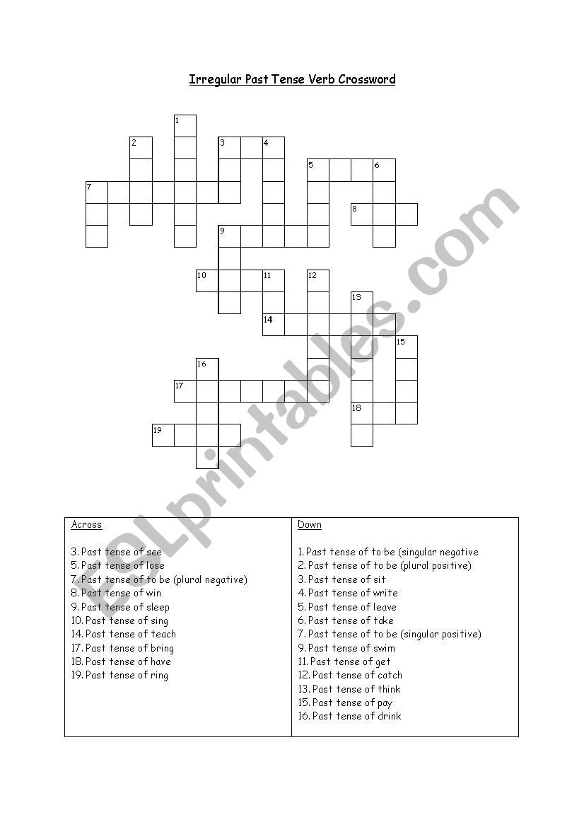 Irregular Past Tense Verb Crossword