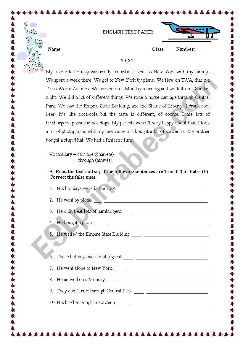 Test paper - My Holidays (adapted)