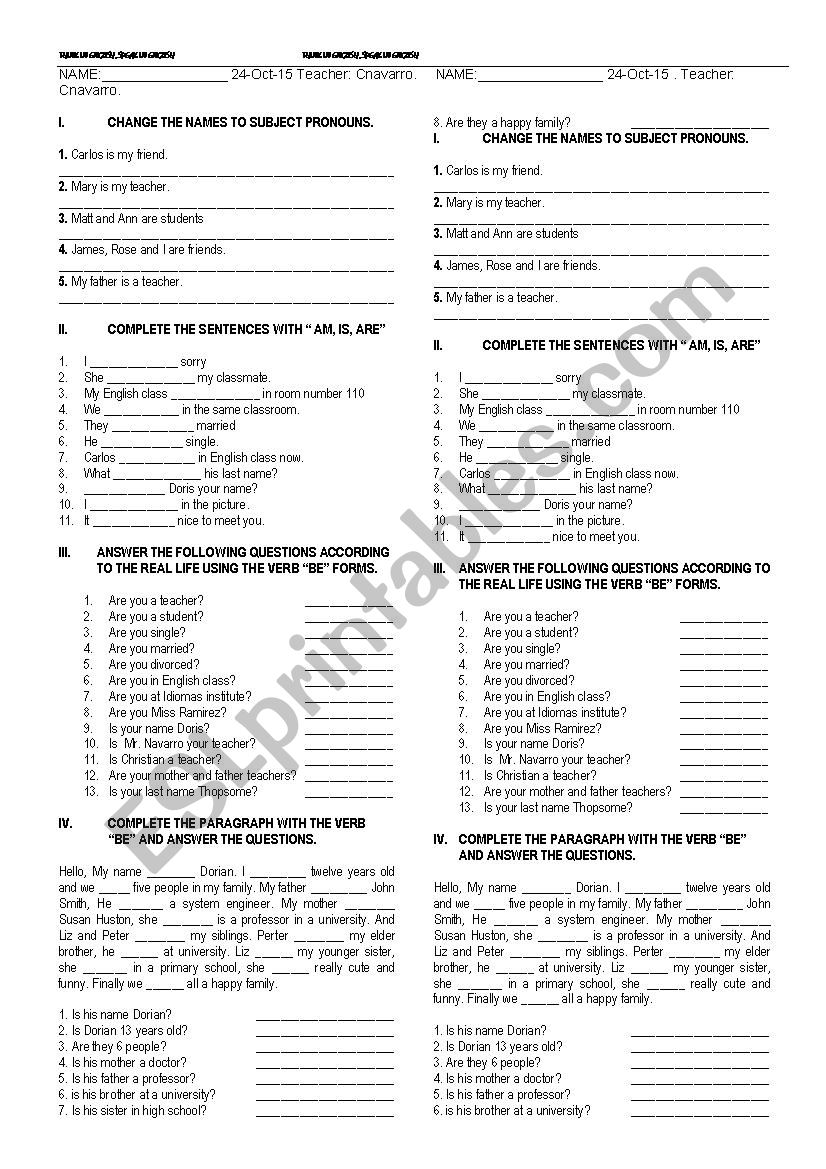 verb tobe worksheet