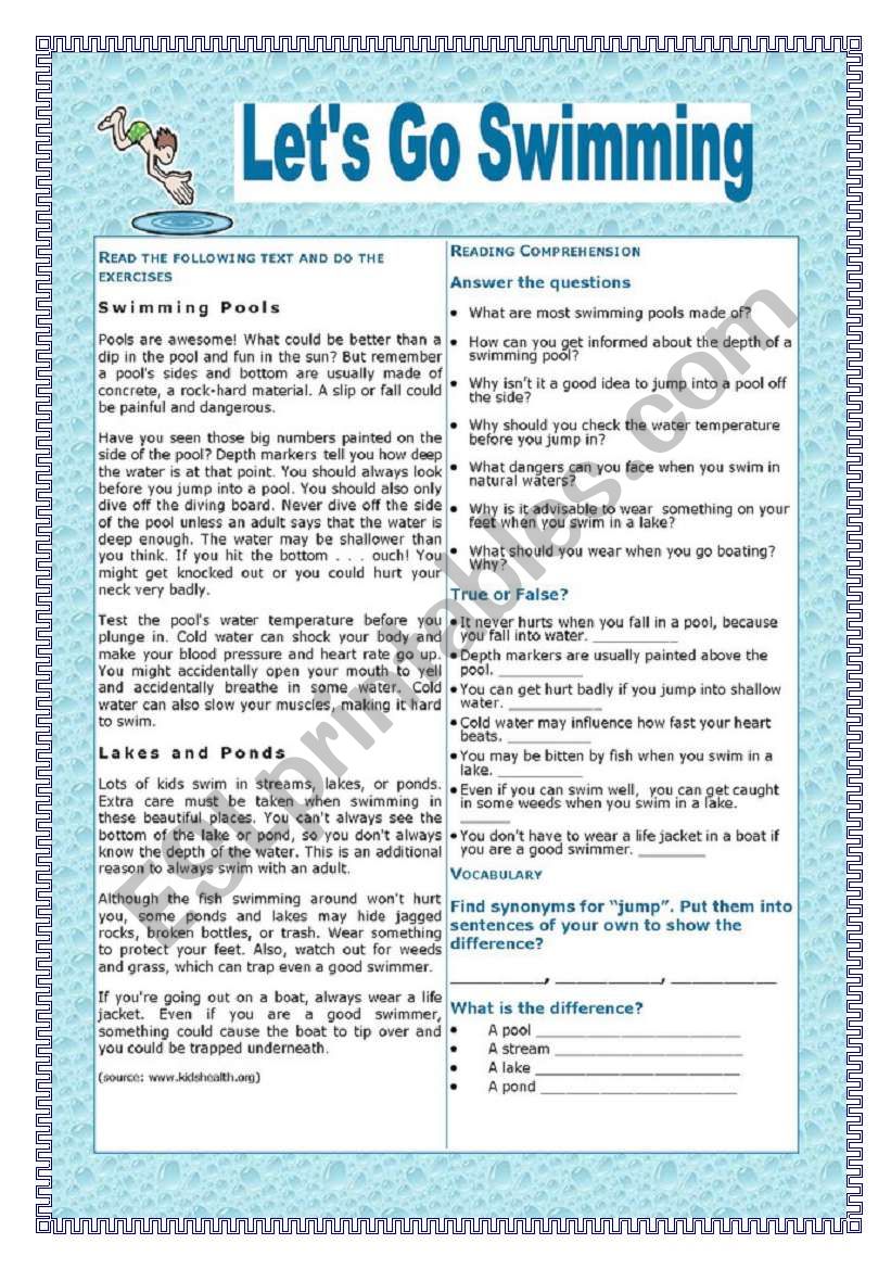 Lets Go Swimming worksheet