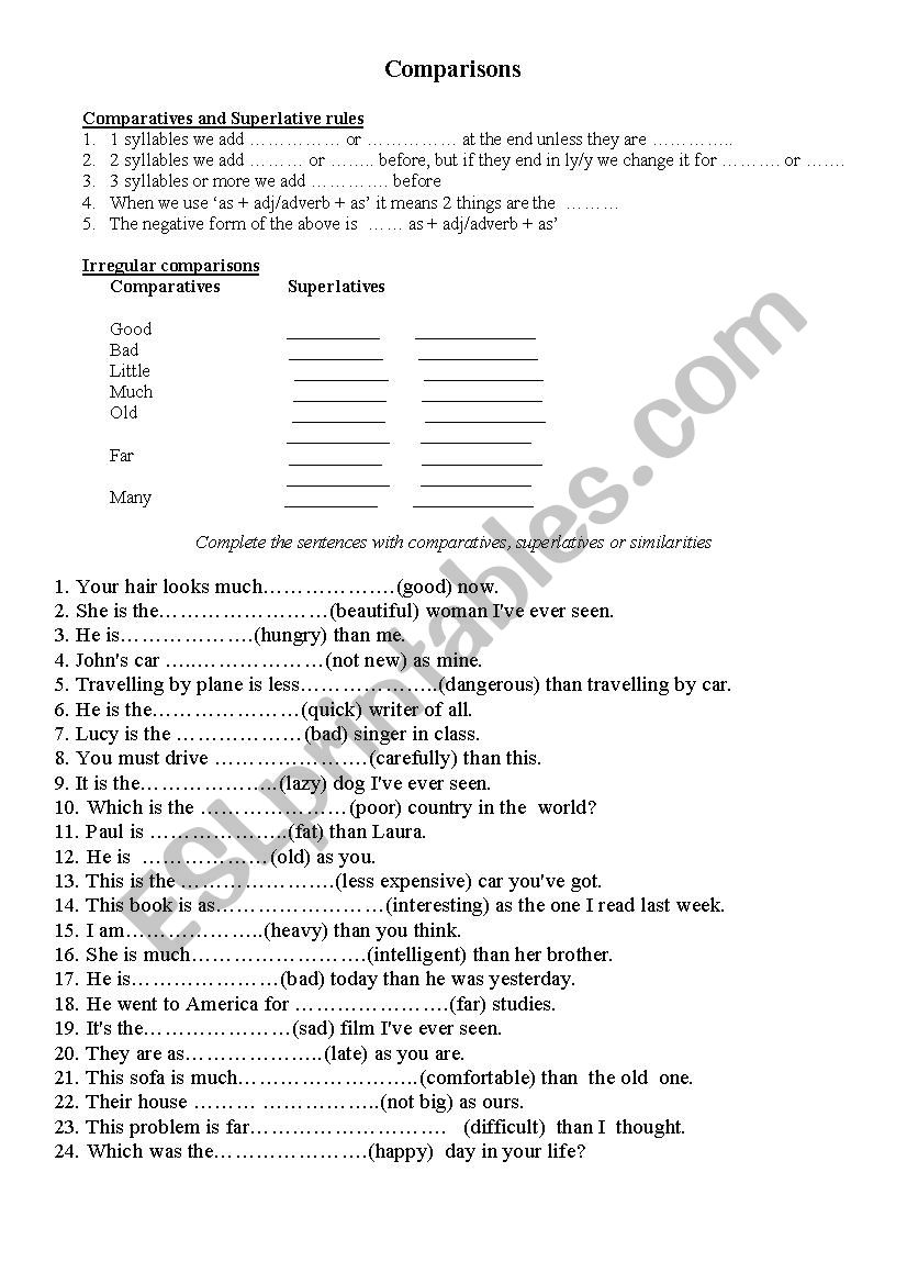 Comparatives and superlatives worksheet