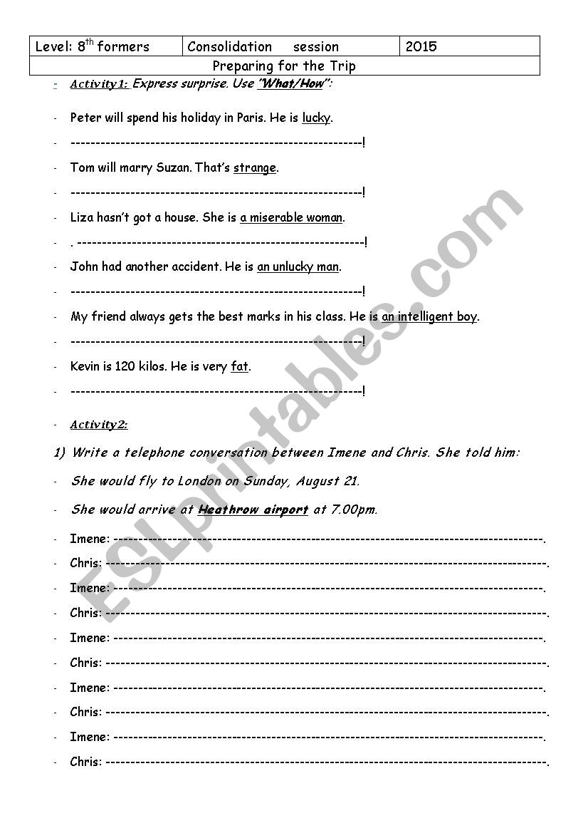 preparing for the trip worksheet