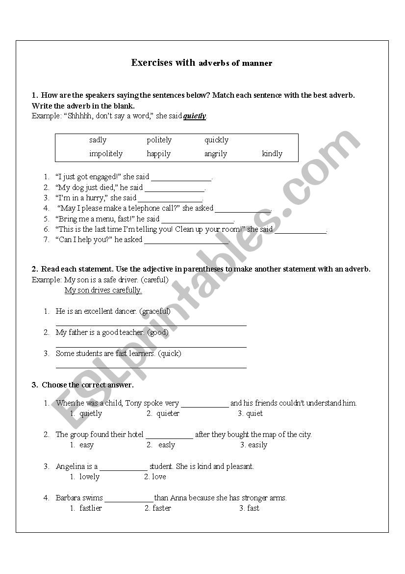 Adverbs of manner- exercises worksheet